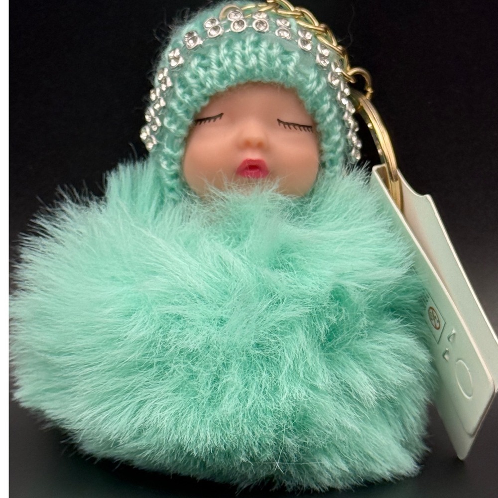 Sisi NY Collection Baby Doll Faux Fur Pom Pom Keychain Mint Green Rhinestone Hat